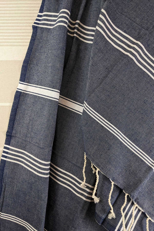 Hamam Blanket tunisian stripe denim blue