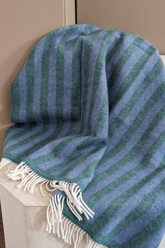Wolldecke / Kuscheldecke STRIPES greenstone / denim