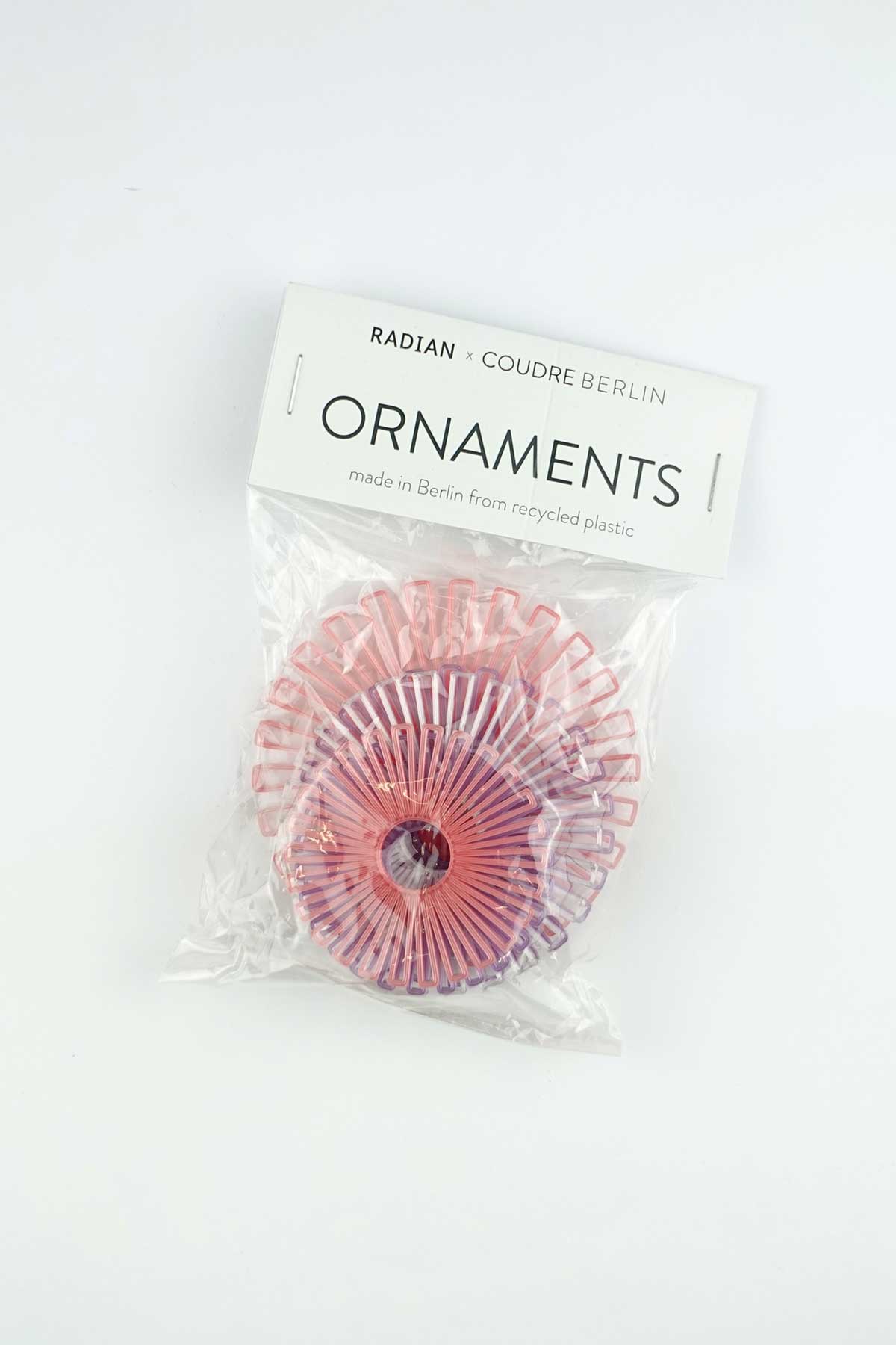 Ornaments - decorative hangers made from recycled plastic - grapefruit pink, lavender violet, snow white
