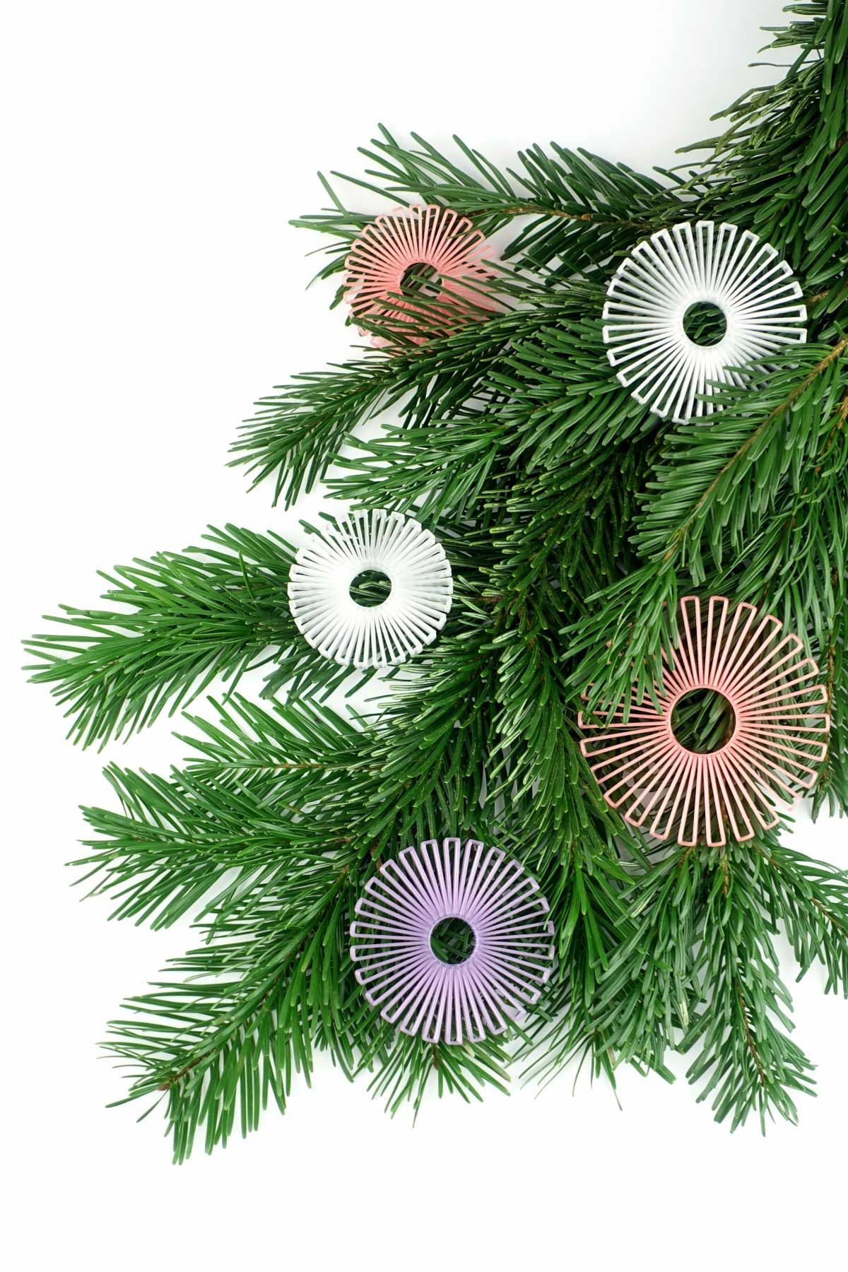 Ornaments - decorative hangers made from recycled plastic - grapefruit pink, lavender violet, snow white