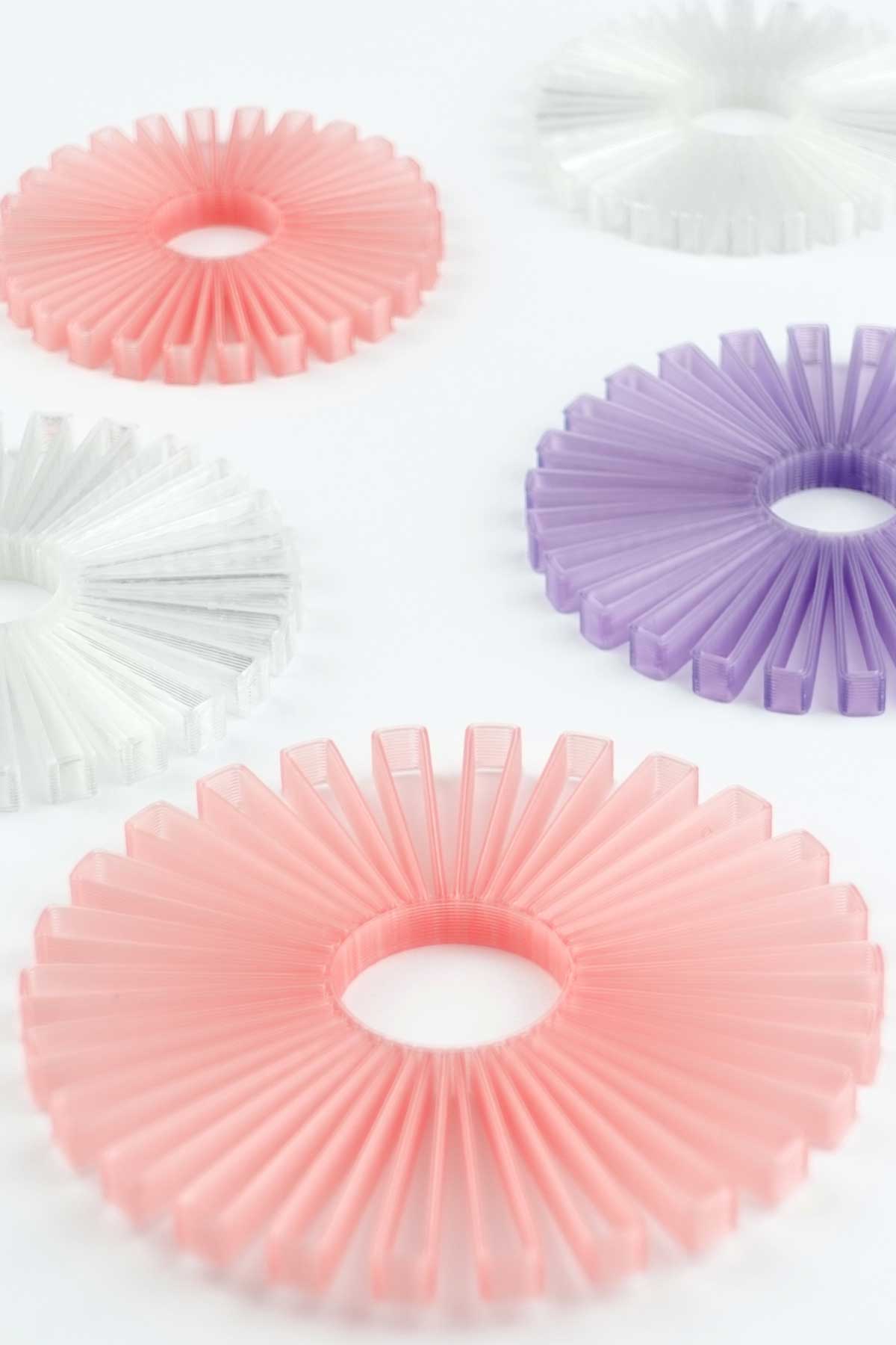 Ornaments - decorative hangers made from recycled plastic - grapefruit pink, lavender violet, snow white