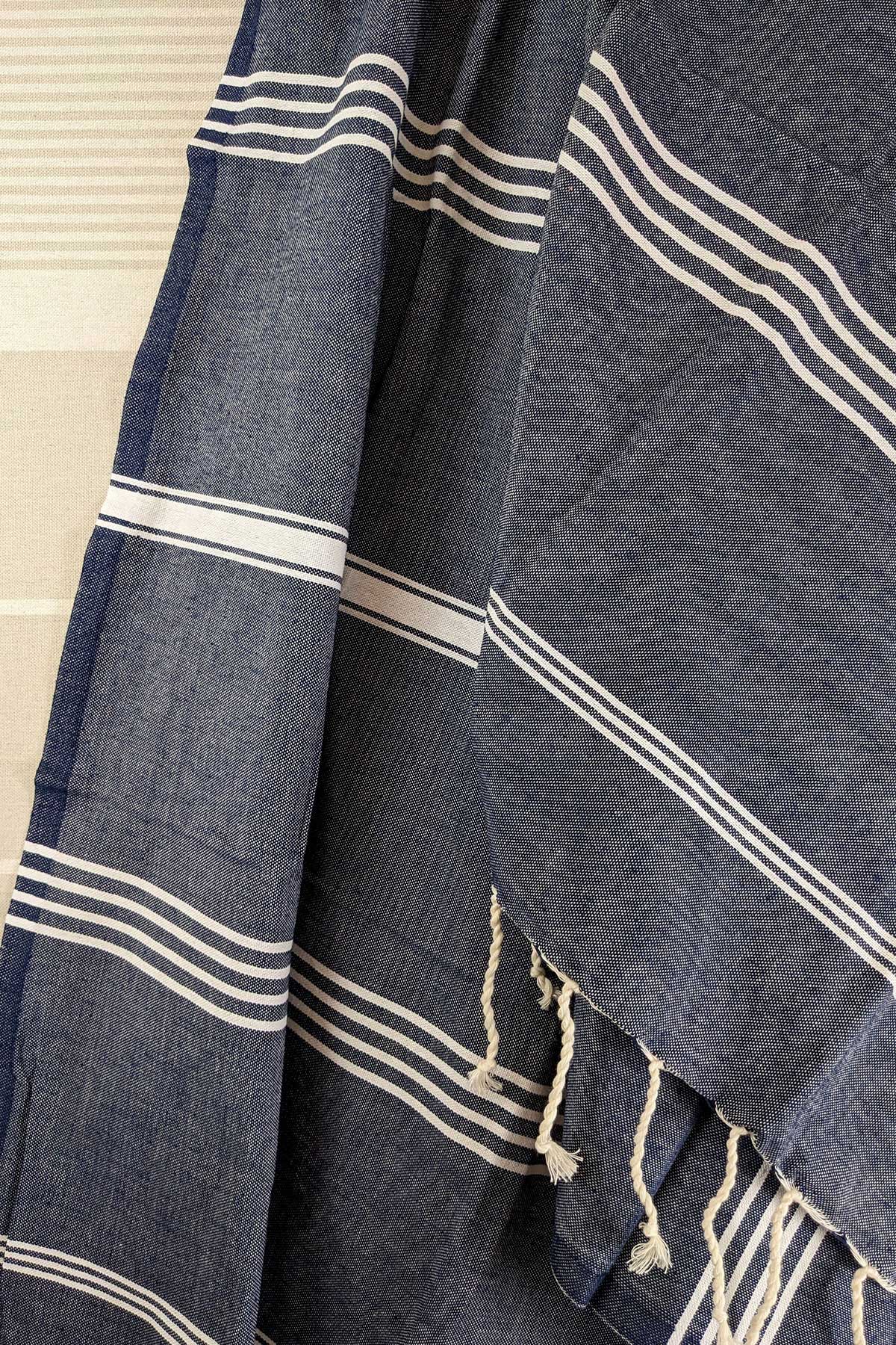 Hamam Blanket tunisian stripe denim blue