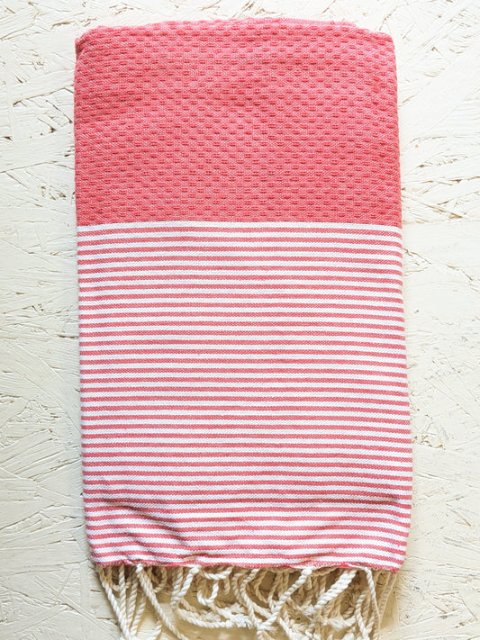 Couverture de hammam rayée nid d'abeille rouge corail