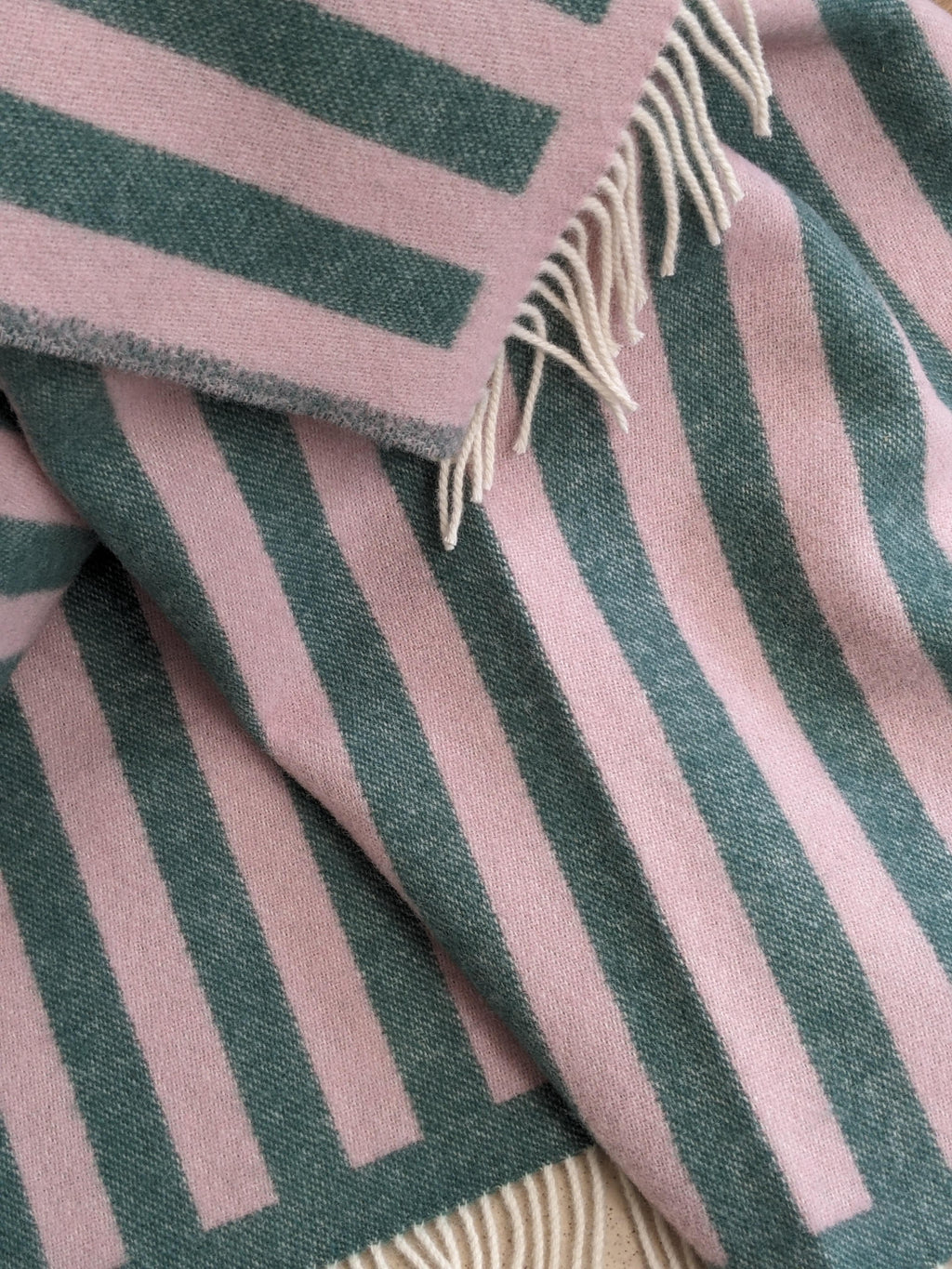 Wool blanket / throw blanket STRIPES greenstone / rose 