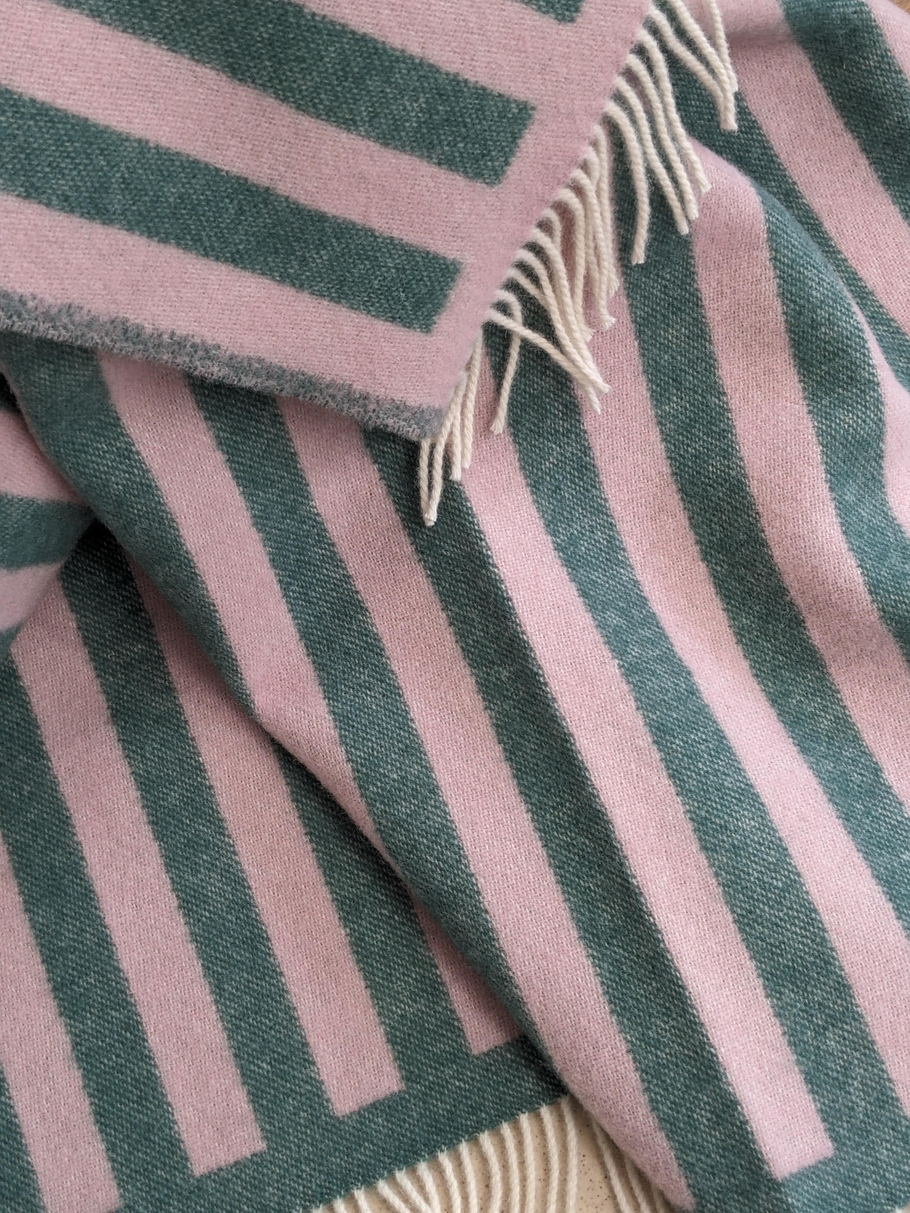 Wool blanket / throw blanket STRIPES greenstone / rose 