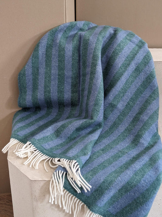Wolldecke / Kuscheldecke STRIPES greenstone / denim