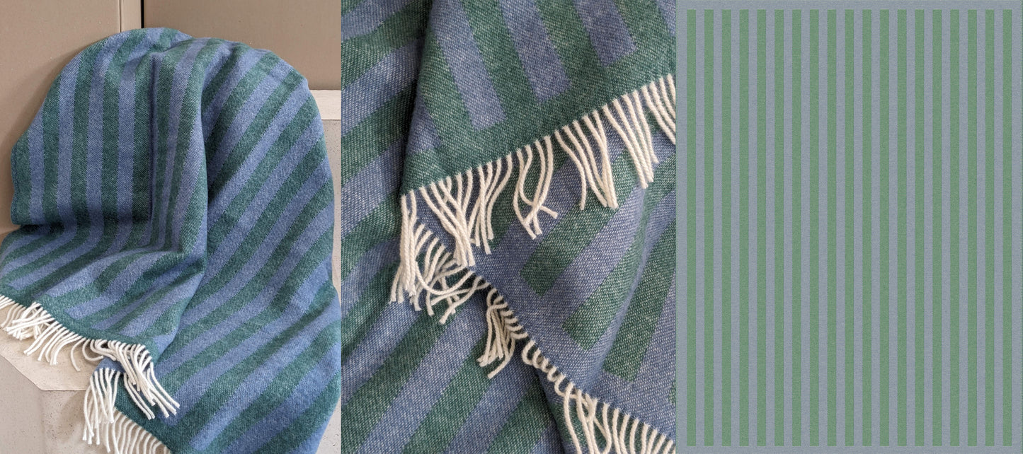 Wolldecke / Kuscheldecke STRIPES greenstone / denim