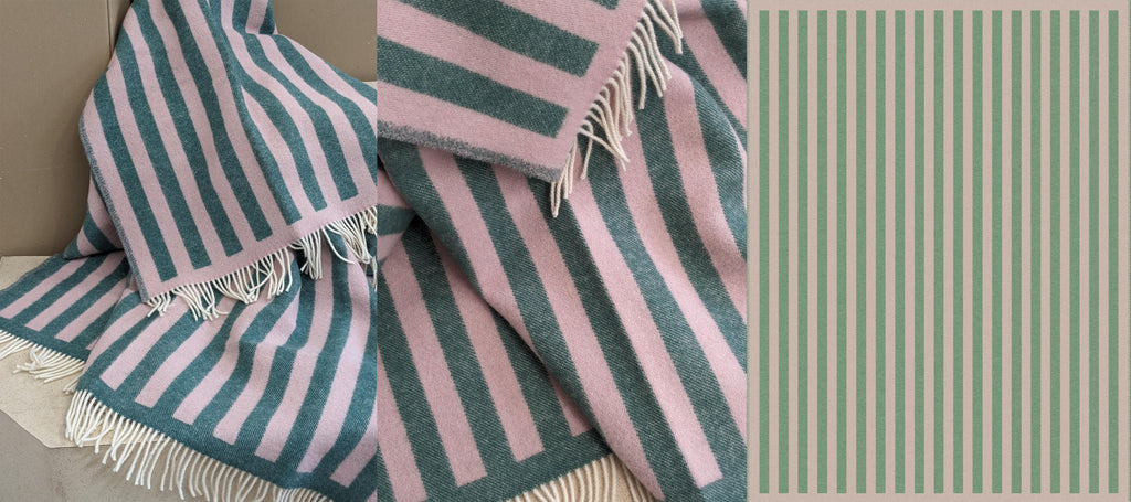 Wool blanket / throw blanket STRIPES greenstone / rose 